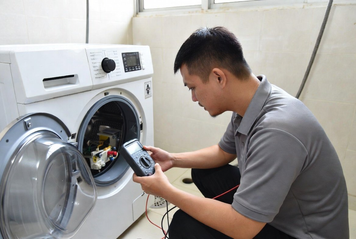 Technician at work on an opened home appliance