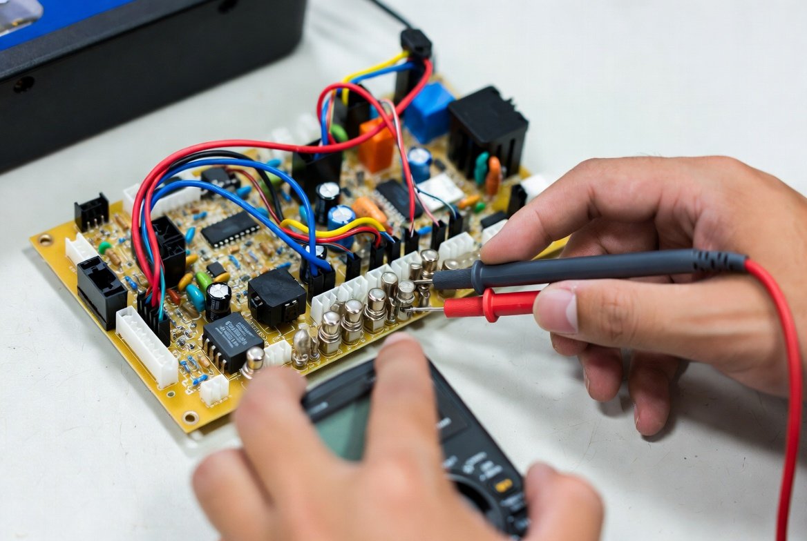 Appliance control board being tested with a multimeter
