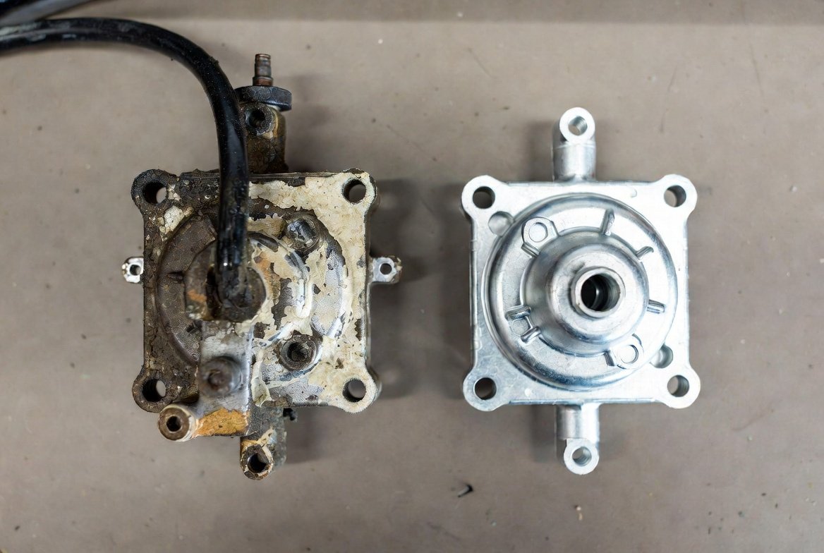 Failed appliance part beside its new replacement