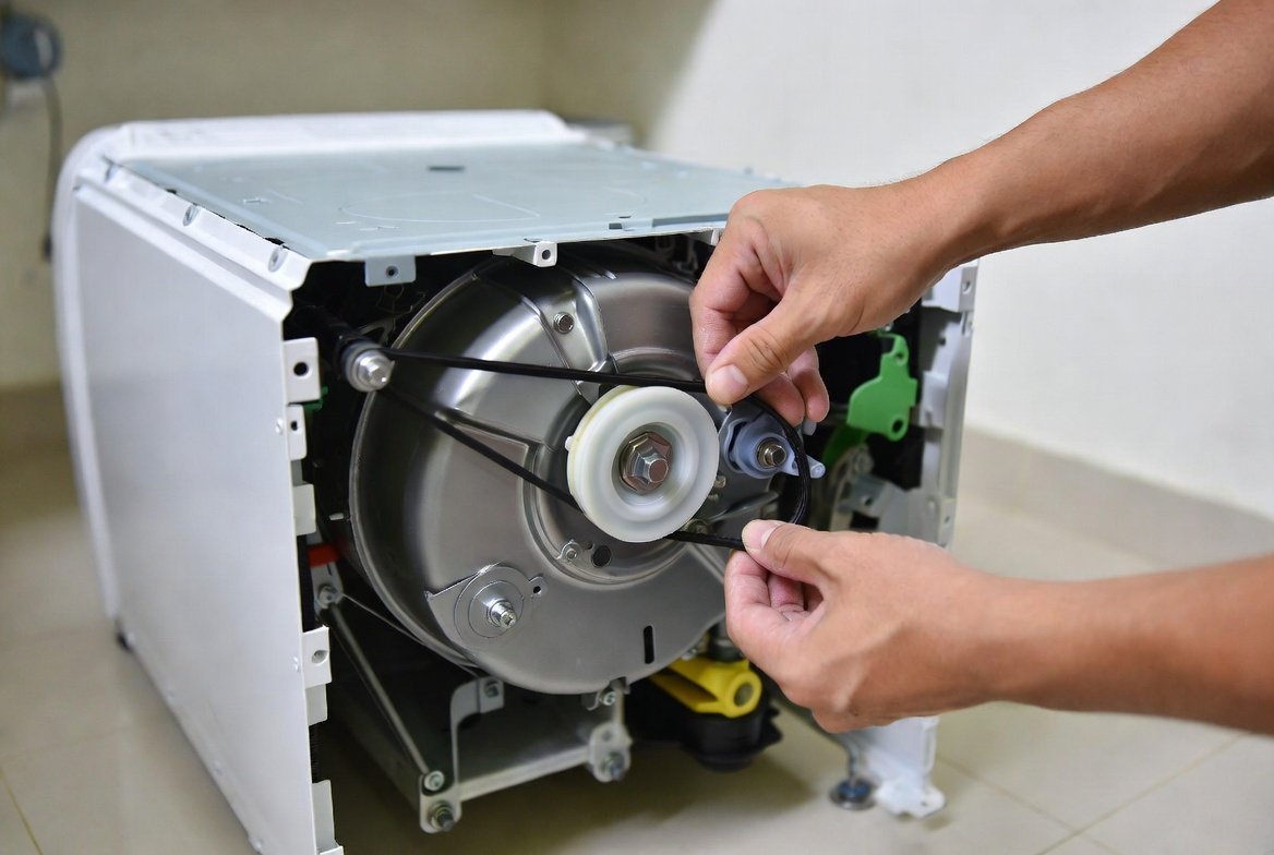 Washing machine drum and drive belt during repair